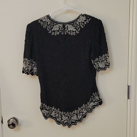 VTG LAURENCE KAZAR Glass Beaded Formal Black Tie Castlecore Blouse Small - Picture 6 of 13
